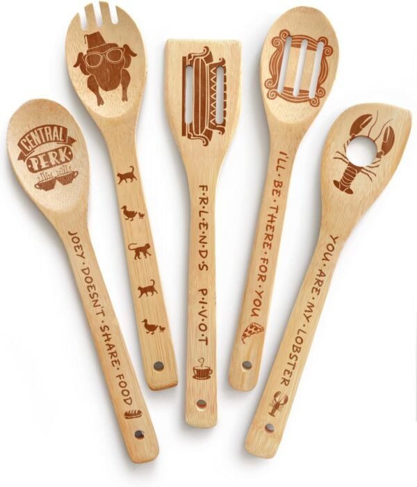 5Pcs Friends Wooden Cooking Spoons, Bamboo Spoons for Cooking Kitchen Utensils Set, Friends TV Show Merchandise, Novelty Friends TV Show Decor Kitchen Decor Accessories for Fans