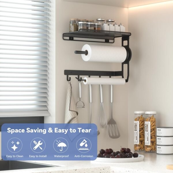 Paper Towel Holder - 4 in 1 Wall Mount Kitchen Paper Rack with Shelf, Towel Holder & Hooks, Easy Tear Paper Roll Holder with Two Fixing Tubes Suitable for Kitchen, Bathroom, Garage & Tool Room - Image 2
