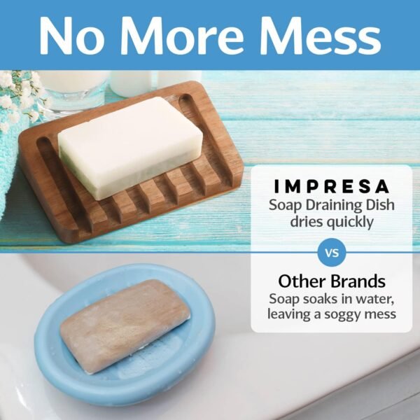 IMPRESA [3 Pack] Self Draining Soap Dish for Dry, Lasting Soap – Water-Proof Acacia Wood Soap Dishes – Vintage Sloped Design for Bathroom and Kitchen – Sturdy Soap Tray for Shower - Image 2