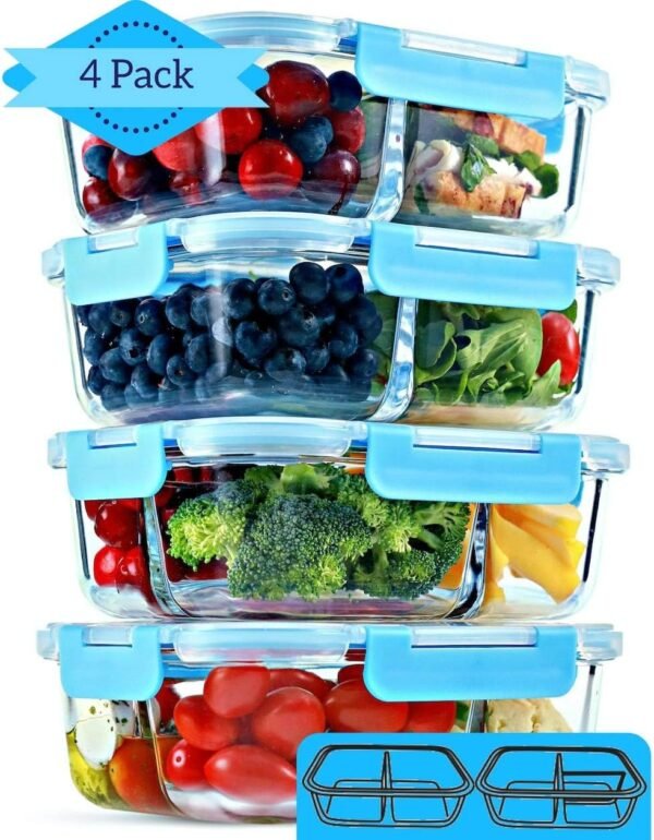 FIT Strong & Healthy 2 & 3 Compartment Glass Meal Prep Containers (4 Pack, 32 oz) - Food Storage Containers with Lids, Bento Box , Portion Control, Airtight, Oven & Freezer safe - Image 5