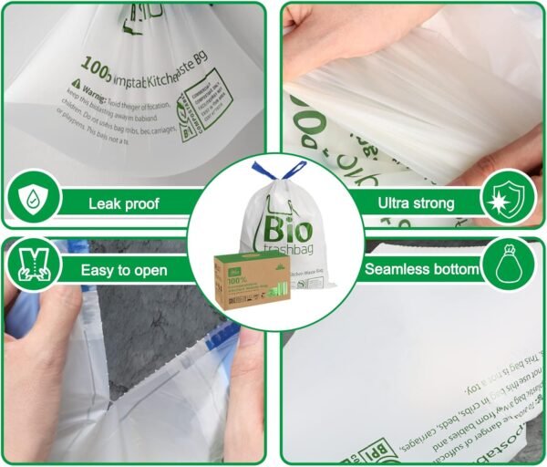 8 Gallon Compostable Trash Bags, 50 Count Drawstring Trash Bags Biodegradable, Heavy Duty Extra Thick Compost Bags, Kitchen Food Scrap Waste Bag, US BPI and OK Compost Home Certified - Image 3