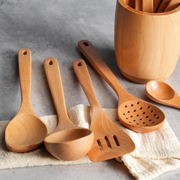 11 PCS WOSPONFAN Kitchen Utensils Set - Wooden Spoons for Cooking, Natural Beech Wood Wooden Utensils - Includes Wooden Spoons, Spatula Set, Slotted Spoon - Handmade Wooden Spoon Set - Image 6