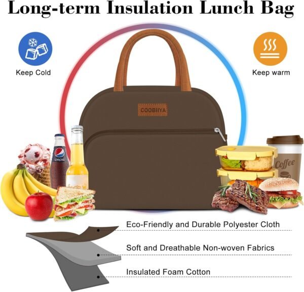 Coobiiya Lunch Bag Women, Lunch Box Lunch Bag for Women Adult Men, Small Leakproof Cute Lunch Tote Large Capacity Reusable Insulated Cooler Lunch Container for Work/Office/Picnic/Travel-Brown - Image 8