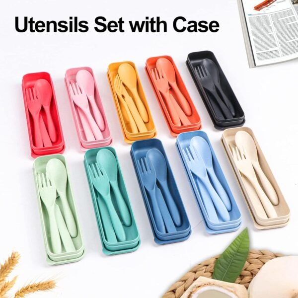 Reusable Travel Utensils Set with Case, 2 Sets Wheat Straw Portable Plastic Fork Spoons Knife Camping Cutlery, Eco-Friendly BPA Free Lunch Tableware Travel Picnic Utensils for Kids Adults Daily Use - Image 6