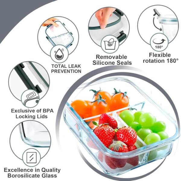 VERONES 5 Pack Glass Meal Prep Containers 3 Compartment Set, 36OZ Airtight Glass Lunch Containers, Glass Food Storage Containers with Lids, for Microwave, Oven, Freezer & Dishwasher Friendly,Grey - Image 5