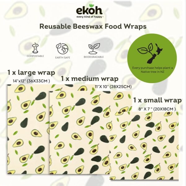 EKOH Honey Bee Wraps, Reusable Beeswax Food Wraps, Eco Friendly Beeswax Food Wrap, Sustainable Food Storage, Organic Cotton Food Wraps, Assorted 3 Pack (S, M, L), (Avocardo) - Image 2