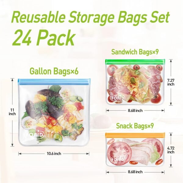 24 Pack Reusable Food Storage Bags - Non Plastic & Silicone Gallon Freezer Bags Sandwich Snack Resealable Lunch Bags Extra Thick Leakproof for Marinate Food & Fruit Cereal Travel Items Home Kitchen - Image 2
