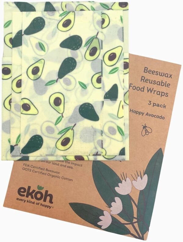 EKOH Honey Bee Wraps, Reusable Beeswax Food Wraps, Eco Friendly Beeswax Food Wrap, Sustainable Food Storage, Organic Cotton Food Wraps, Assorted 3 Pack (S, M, L), (Avocardo)
