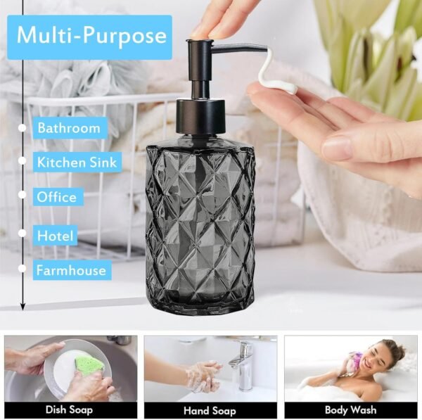 12 Oz Black Clear Diamond Glass Soap Dispenser with Plastic Pump, Small Liquid Hand Refillable Bathroom Dish Lotion Soap Bottle Set, for Bathroom, Kitchen, with Funnel & Blank Wooden Tag - Image 5