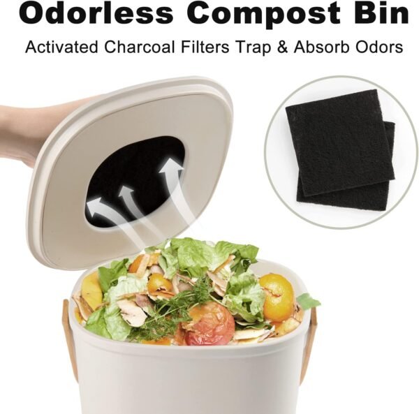 Yatmung Compost Bin Kitchen, Countertop Compost Bin, Compost Bucket Made of Bamboo Fiber, Small Compost Bin with Charcoal Filter, Cream - Image 3