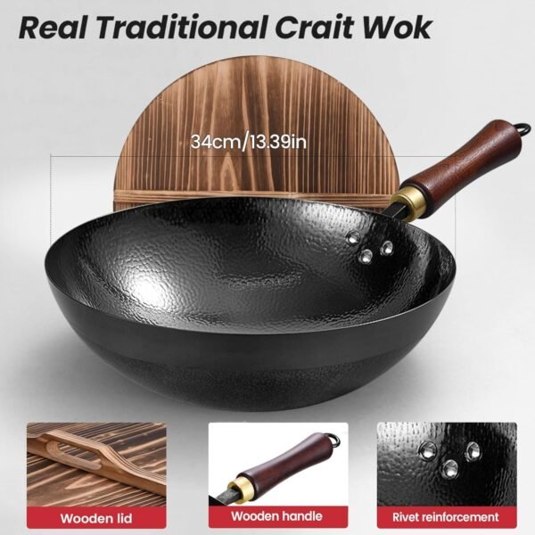 Carbon Steel Wok Pan, 13.5″Woks & Stir-Fry Pans with Wooden Lid Cookwares, Nonstick Wok, No Chemical Coated Round Bottom Hand Hammered Chinese Wok For Gas - Image 2