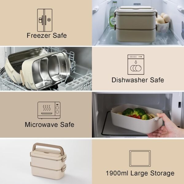 Lille Home Bento Box Adult Lunch Box, Stainless Steel Compartment Tiffin Lunch Snack Box, 2-Tier Bento Food Container, 68 oz Stackable Lunch Box with Lunch Bag and Soup Bowl (Beige) - Image 8