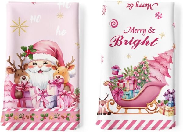 2 Pcs Pink Santa Kitchen Towel 100% Cotton Winter Christmas Absorbent Dish Towel 27.5"x18.8"Housewarming Christmas Tree Decorative Hand Towel for Dining Home