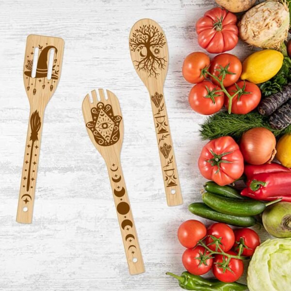 GLOBLELAND 6Pcs Magic Divination Bamboo Cooking Utensils Wooden Engraved Cooking Spoons Set Carving Kitchen Bamboo Spatula Set Wood Cooking Spoon for Kitchen House Warming Gift - Image 4