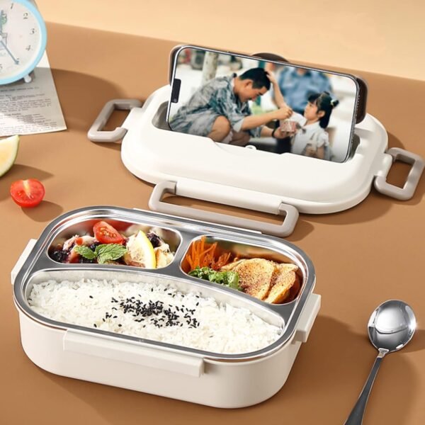 Bento Box,1000ml Stainless Steel Lunch Box,Versatile 3-Compartment Portable Lunch Box Container-Salad Lunch Containers for Adults/Kids with Spoon Fork Thermos Bag Accessories (Khaki) - Image 2