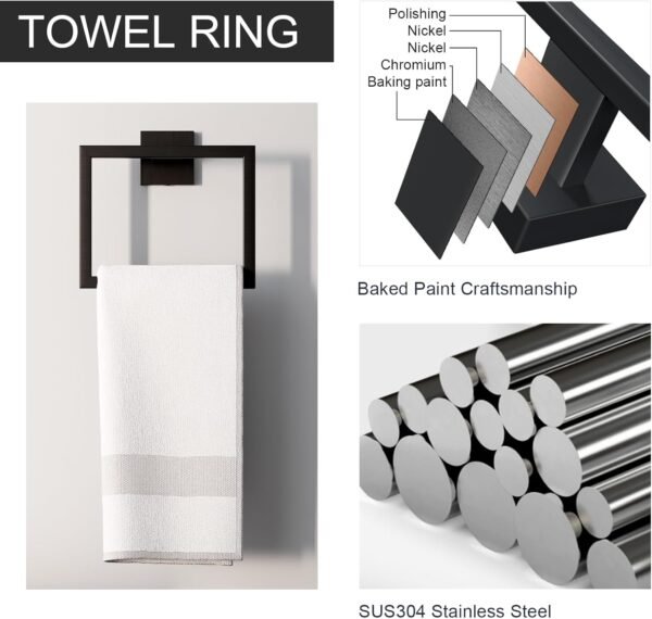 5-Piece Matte Black Bathroom Accessories Set, SUS304 Stainless Steel Wall Mounted 16 Inch Hand Towel Bar, Toilet Paper Holder, Towel Ring, Towel Hooks, Bathroom Hardware Set, Towel Bar Set - Image 3