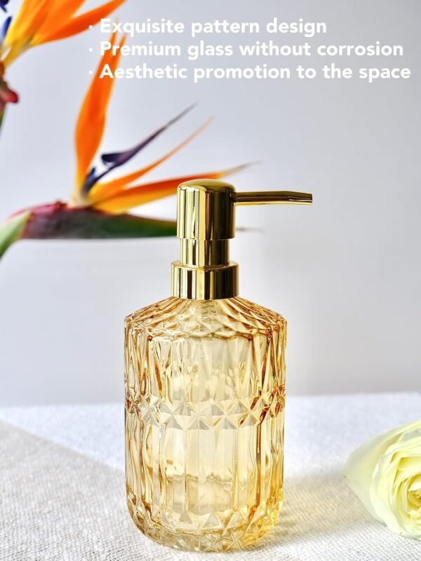 Clear Glass Soap Dispenser with Rust Proof Pump, Refillable Liquid Hand Gold Lotion Dispenser for Kitchen, Bathroom Countertop (Yellow Gold) - Image 2
