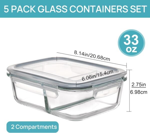 Vtopmart 5 Pack 33oz Glass Food Storage Containers with Lids, Meal Prep Containers 2 Compartments, Airtight Lunch Containers Bento Boxes with Snap Locking Lids for Microwave, Oven, Freezer - Image 2