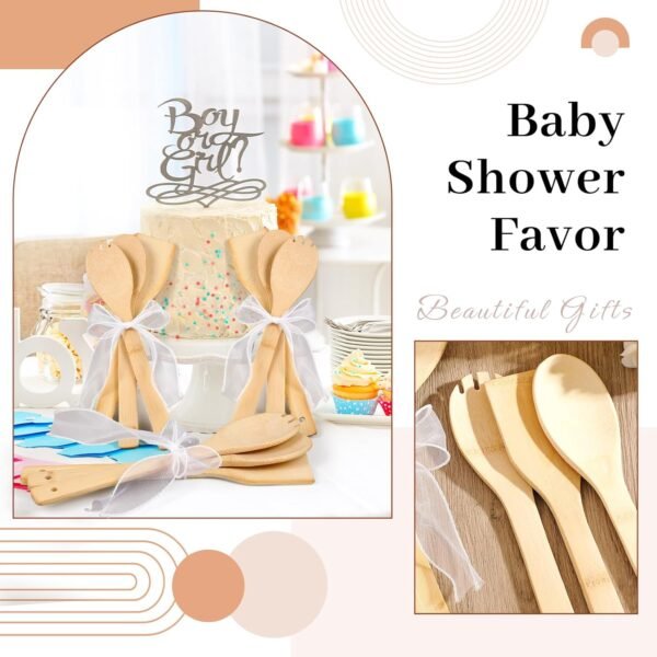 24 Sets Bamboo Spatula Bamboo Kitchen Utensils 12 Inch Flat Handle Bamboo Wok Spatula with Fishtail Ribbon for Kitchen Cooking Birthday Wedding Baby Shower Housewarming Party Gift - Image 5