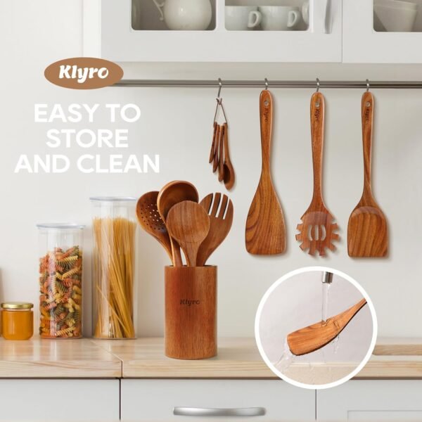 Wooden Spoons for Cooking, Nonstick Kitchen Utensils Set with 4 Piece Measuring Spoons, Comfort Grip Wooden Spatula Set, 9 Piece Teak Wooden Cooking Utensils with Holder and Spoon Rest - Image 5