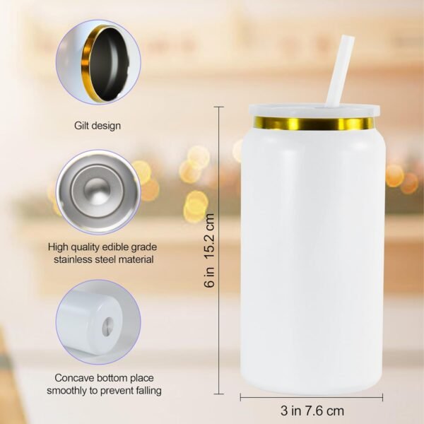 AGH 16oz Stainless Steel Can Tumbler with Lids and Straws,Double wall Golden Electroplate Drinking Can Cups,Reusable Water Tumbler with Straws For Ice Coffe Juice,Smoothie Cup,White,4Pack - Image 2