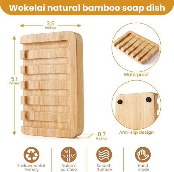 Shampoo Bar Holder Bamboo Soap Dish for Shower Wood Soap Dishes Wooden Soap Saver Tray Stand Self Draining Travel Soap Container Case for Bathroom Kitchen Bath Tub Razor Sponges, Waterfall Drain 2 PCS - Image 3