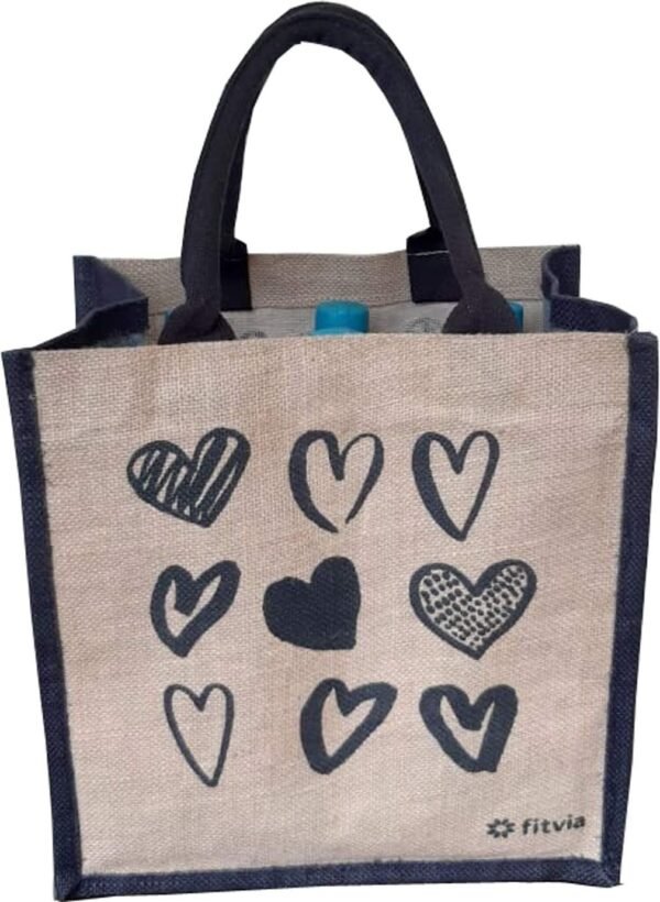 KVR natural Jute burlap wine beer carrier bottle sturdy bag with option to use as lunch bag (6 bottle bag, Heart Print) - Image 3