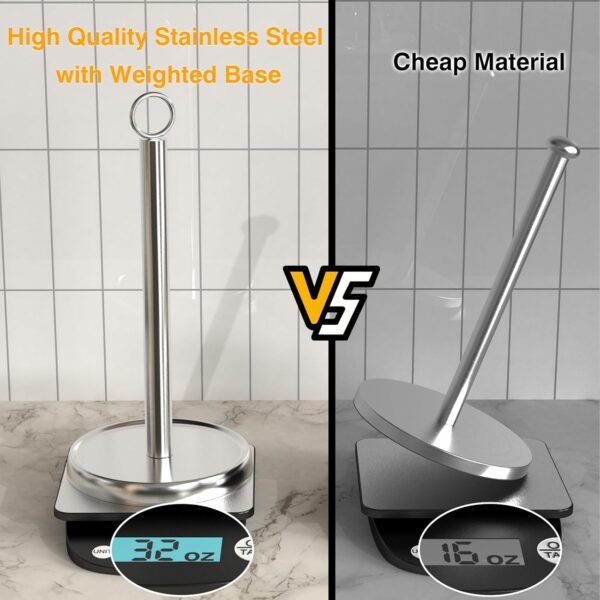 Paper Towel Holder Countertop, Silver Stainless Steel Paper Towel Holder for Standard & Jumbo Rolls, Paper Towel Holder Stand with Weighted Anti-Slip Base for Kitchen Bathroom - Image 3