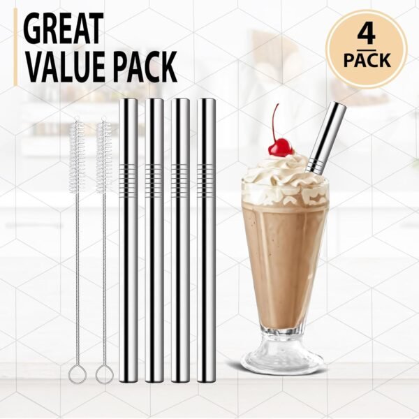 Stainless Steel Smoothie Straws, 0.4'' Extra Wide Reusable Metal Drinking Straws for Milkshake, Smoothie, Beverage, Set of 4 with 2 Cleaning Brush - Image 5