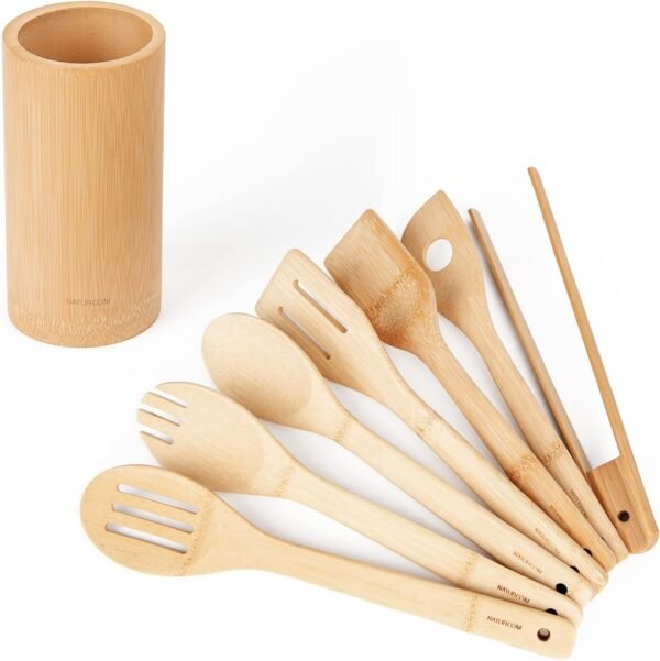 Kitchen Utensils Set of 8 PCS, 12Inches Bamboo Wooden Cooking Spoon & Spatula Tools Perfect for Non-Stick Cookware (Bamboo 12inches)