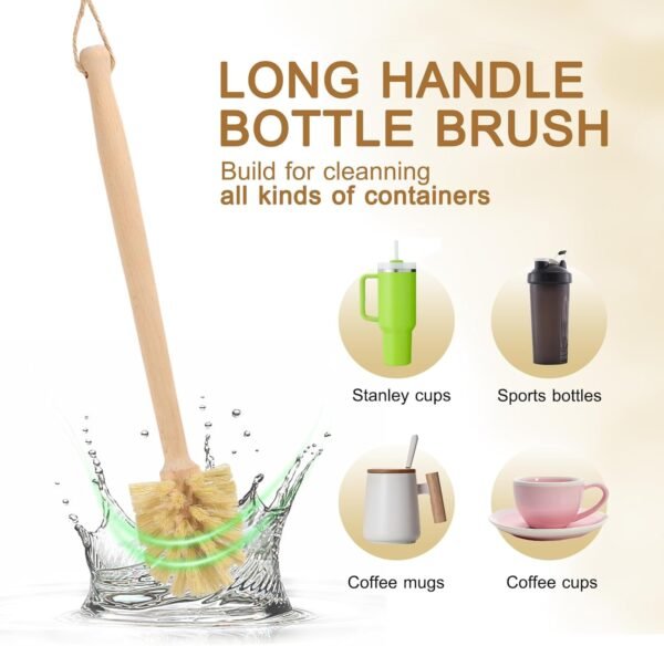 Long Handle Bottle Brush,Wooden Cleaning Brush with Straw Brush,Built for Stanley Cup,Yeti Tumbler,Sports Bottles and Coffee Mugs - Image 4