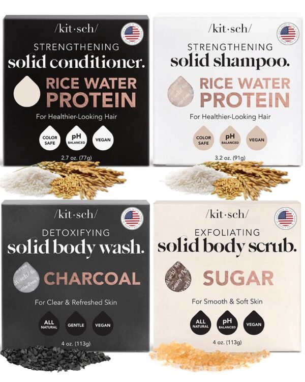 Kitsch 4-Piece Bar Set - Rice Water Shampoo & Conditioner Bars, Charcoal Body Soap Bar, Sugar Scrub Bar - Solid Bars w/Castor Oil & Coconut Oil - Vegan, Paraben & Sulfate Free, Hair & Body Care