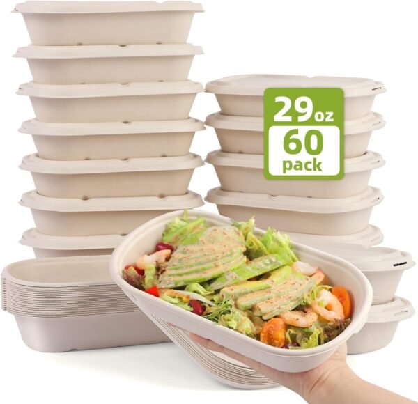 60Pcs(29oz) Disposable Meal Prep Lunch Food Takeout Salads Sandwiches Bowls Containers with Lids,Compostable Biodegradable to go Food Microwavable Freezer Safe Containers for Party Camp out.