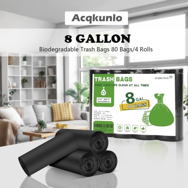 8 Gallon Biodegradable Black Trash Bags - Compostable Tall Kitchen Garbage Bags 80 Count Recycling Unscented Office Outdoor Thick Strong Medium Size Can Waste Basket Liners Acqkunlo - Image 7