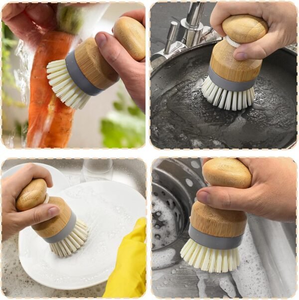 Bamboo Dish Palm Brush with Holder - 2 Pack RIMAY Wooden Replaceable Cleaning Scrub Brushes Washing Scrubber Set Kitchen Wood Dishwashing Tool for Pots,Pans,Counter&Sink - Image 4