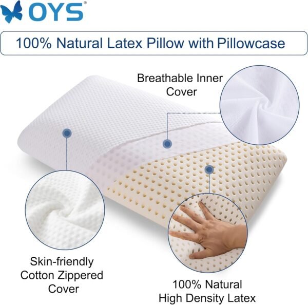OYS Organic Talalay Latex Pillows for Sleeping Natural Latex Foam Pillows Bed Firm Latex Pillows for Back and Back Sleepers Beautifully Packaged Best Gift （Queen Size ，27.5" x 15.7"） - Image 2