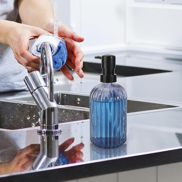 3 Pack Glass Soap Dispenser with Rust Proof Pump,15 Oz Hand Soap Dispenser with Vertical Stripe, Refillable Liquid Soap Dispenser for Bathroom,Kitchen,Lotion (Grey) - Image 5