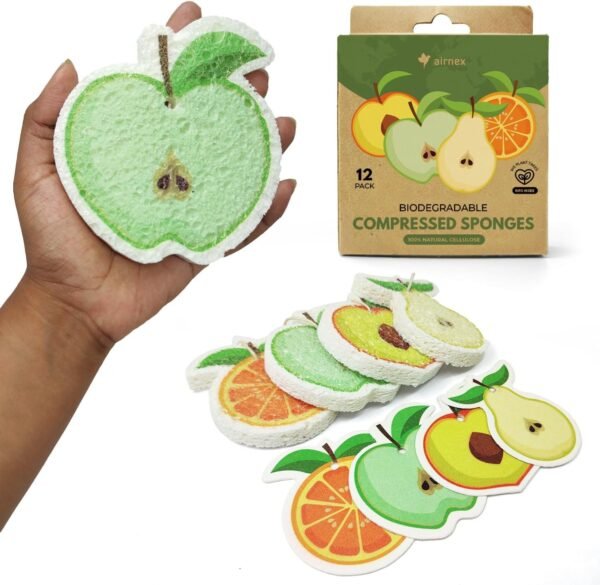 AIRNEX Biodegradable Cellulose Compressed Sponges Bulk - Fruit Shaped Kitchen Sponges Pack of 12 - Eco Friendly Compostable Dish Sponges for Washing Dishes - Odor Free Pop Up Natural Dish Sponges