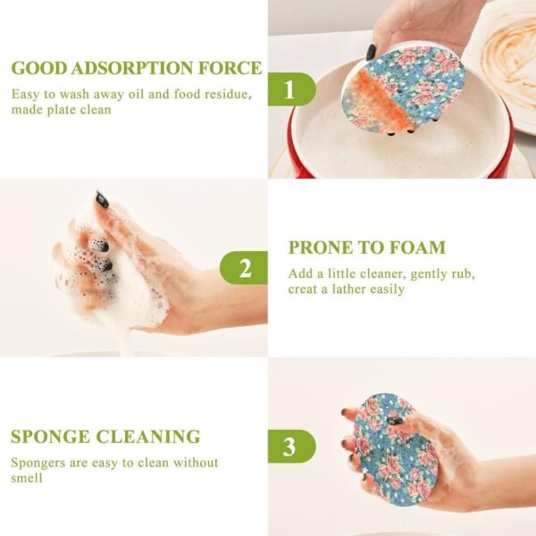 Rose Floral Kitchen Sponges Spring Summer Flower Cleaning Dish Sponges Non-Scratch Natural Scrubber Sponge for Kitchen Bathroom Cars, pack of 3 - Image 4