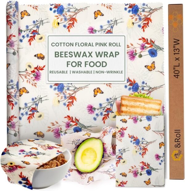Eco Friendly Beeswax Wraps for Food Sustainable Storage - Organic Cotton Floral Food Wrap - 13 x 40 Inches - Reusable Food Storage Wrap - Cut to Size - for Bread, Cheese, Fruits & Vegetables