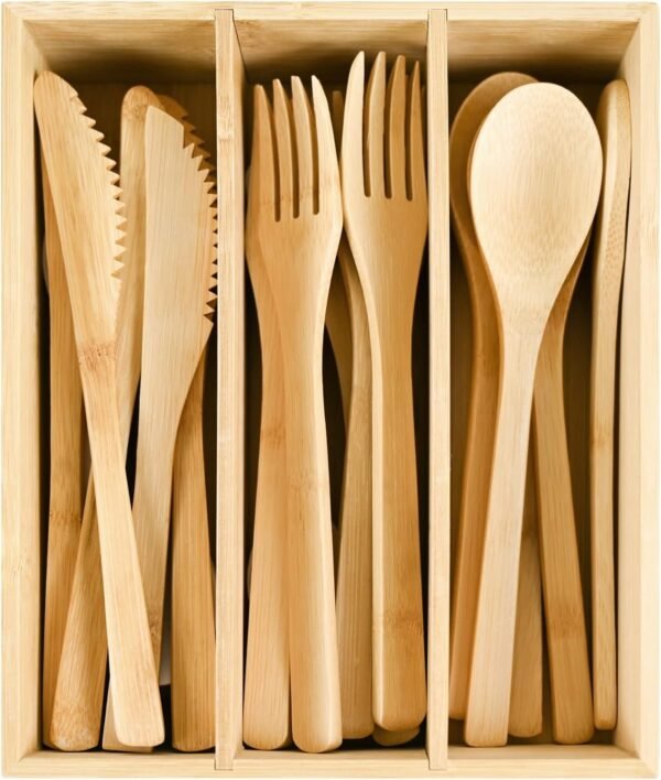 Bamboo Cutlery Reusable with Silverware Organizer, 16Pcs Bamboo Flatware Set with Bamboo Forks Spoons Knives, Reusable Bamboo Cutlery with Portable Storage Case for Home and Travel Camping Hiking - Image 9