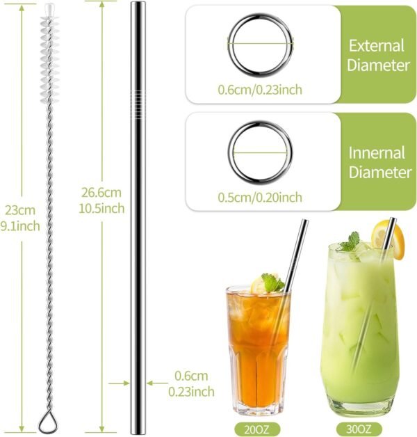 Set of 10 Stainless Steel Straws, HuaQi Straight Reusable Straight Drinking Straws 10.5'' Long 0.24‘’ Dia for 30 oz Tumbler and 20 oz Tumbler, 2 Cleaning Brush Included - Image 9
