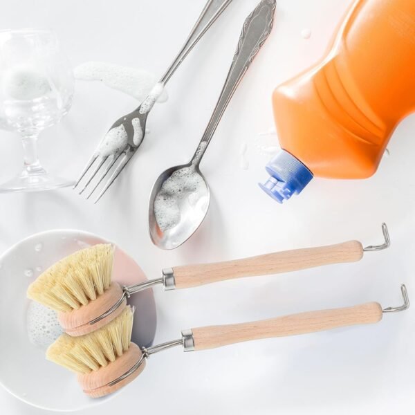 Maxdot 4 Pcs Kitchen Dish Brush with Beechwood Handle Natural Wooden Handle Scrub Brush Fiber Bristles Dish Scrub 2 Inch Replacement Brush Head for Pots Pans Utensils Washing Supplies - Image 7