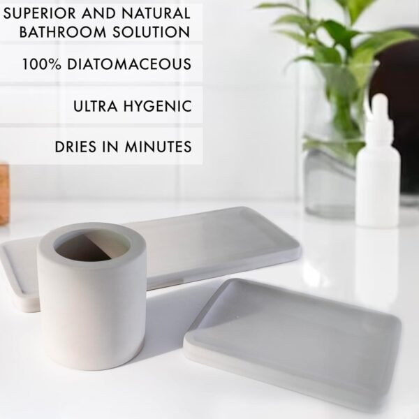 Diatomaceous Earth Stone Bath Set with Tray, Soap Dish, Toothbrush Cup - Matches Most Diatomite Rock Shower Mat - 3 Pieces Quick Drying & Easy to Clean for Bathroom, Kitchen Counter, Shower - Image 2