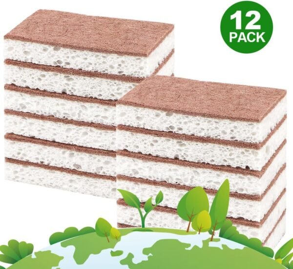 HOMEXCEL Natural Scrub Sponges Kitchen 12 Pack, Non-Scratch Cleaning Sponges for Dishes, Cellulose Sponges Safe on Non-Stick Cookware, Dual Sided Dish Sponge for Washing Dishes, Kitchen and Household - Image 6