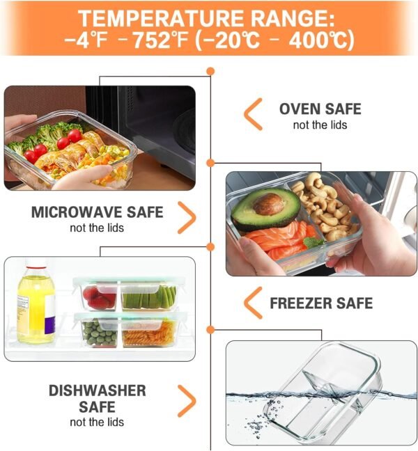 Bayco 9 Pack Glass Meal Prep Containers 3 & 2 & 1 Compartment, Glass Food Storage Containers with Lids, Airtight Glass Lunch Bento Boxes, BPA-Free & Leak Proof (9 lids & 9 Containers) - Image 4