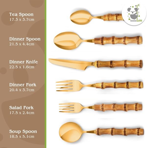 Bamboo Silverware Set Natural Bamboo Flatware Set Hand Crafted Bamboo Cutlery Utensils, Handmade With Love By KoalaLove! (4 Sets, 24 Cutlery Pieces, Gold) - Image 5