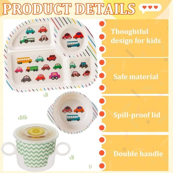 Roshtia 10 Pcs Cartoon Bamboo Kids Dinnerware Set Dinosaur Car Plate and Bowl Set Dishwasher Safe Kids Dish Set Toddler Plates and Utensils Set Car Dinosaur Forks and Spoons for Kids with Cup - Image 3