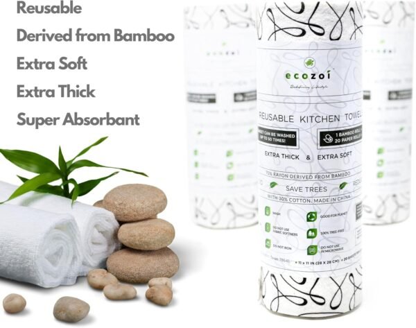 Bamboo Rayon Reusable Towels - 4 Pack | Equivalent to 80 Regular Rolls | 70% Rayon from Bamboo and 30% Cotton Kitchen Paper Rolls | 50 Times More Usage than Regular Paper Rolls - Image 3