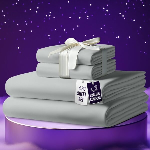 SLEEP SANCTUARY 100% Organic Viscose Derived from Bamboo Sheets Queen Size 4pcs - Ultra Soft & Luxuriously Cooling, 17" Deep Pocket, Perfect for Hot Sleepers - Queen Bed Sheets (Light Grey)